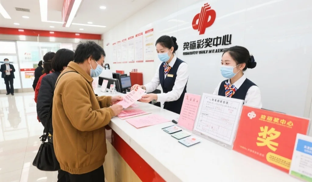 工作人员在明亮整洁的兑奖中心柜台为中奖者办理兑奖手续，柜台上摆有兑奖表格和身份证明文件