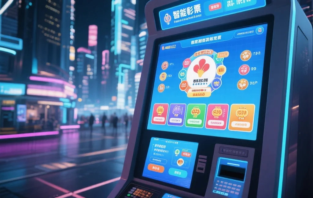 未来城市中的智能彩票销售终端，屏幕显示多种彩票选项和用户互动界面