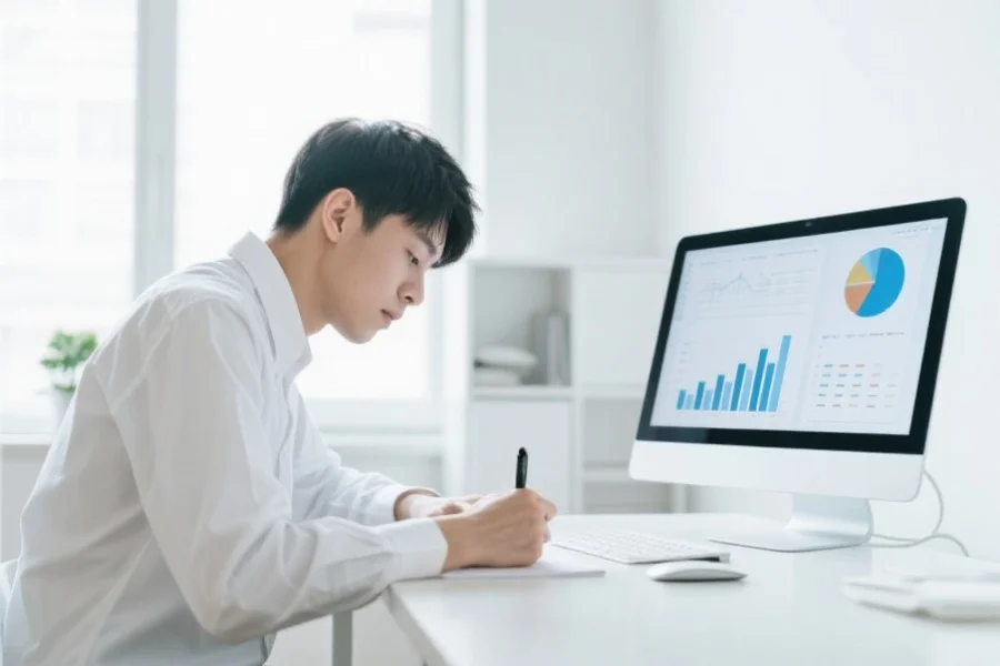 一位年轻人安静地在书桌前做笔记,旁边放着电脑和数据分析图表,环境清爽明亮