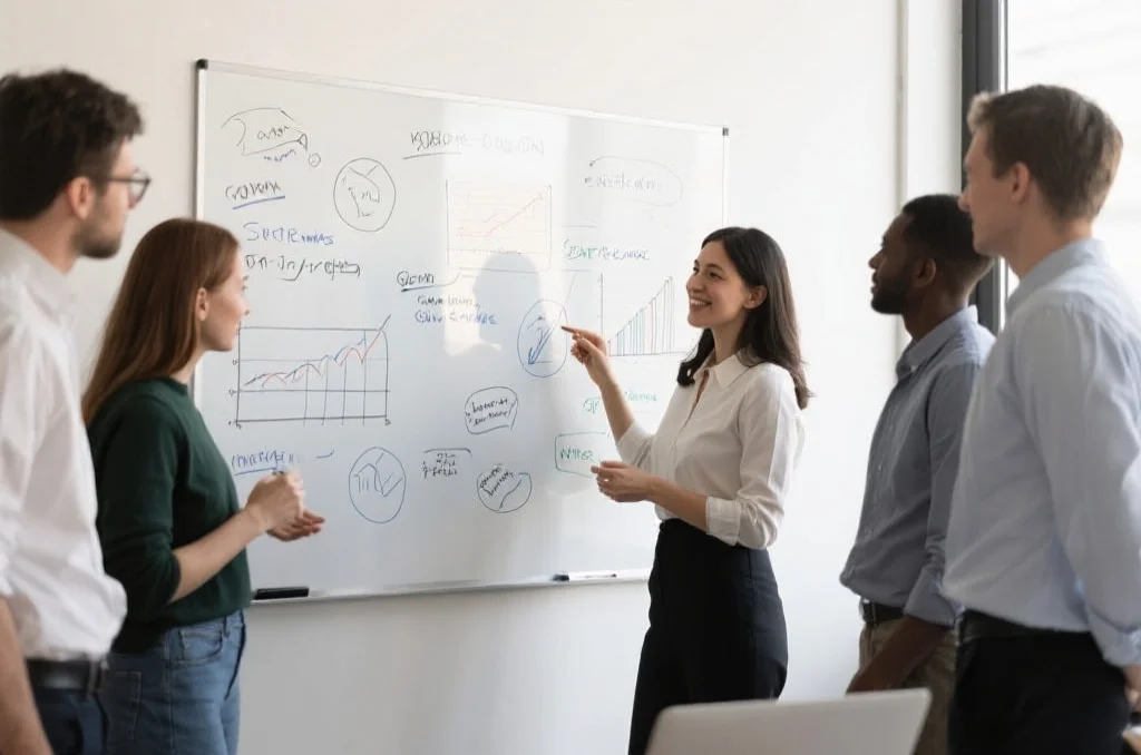 一位女性创业家正在与团队成员讨论策略和数据图表
